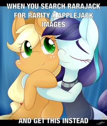 Size: 680x800 | Tagged: safe, artist:dshou, edit, character:applejack, character:coloratura, species:earth pony, species:pony, ship:rarajack, episode:the mane attraction, g4, my little pony: friendship is magic, applejack's hat, clothing, cowboy hat, eyes closed, female, hat, hug, image macro, lesbian, mare, meme, rara, shipping, signature, smiling