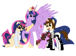 Size: 3000x2237 | Tagged: safe, artist:edcom02, artist:jmkplover, character:twilight sparkle, character:twilight sparkle (alicorn), oc, oc:gwen reilly parker sparkle, oc:mayday parker sparkle, parent:peter parker, parent:twilight sparkle, parents:spidertwi, species:alicorn, species:pegasus, species:pony, species:unicorn, alicorn oc, clothing, crossover, ethereal mane, family, female, future foundation, glasses, group, lab coat, mare, offspring, older twilight, peter parker, simple background, spider-man, spiders and magic iv: the fall of spider-mane, spiders and magic: rise of spider-mane, transparent background, ultimate twilight