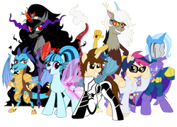 Size: 3167x2270 | Tagged: safe, artist:edcom02, artist:jmkplover, character:discord, character:king sombra, character:princess ember, character:sonata dusk, character:trixie, oc, oc:eris, oc:mayday parker sparkle, parent:peter parker, parent:twilight sparkle, parents:spidertwi, species:draconequus, species:dragon, species:pegasus, species:pony, species:unicorn, my little pony:equestria girls, avengers, bipedal, bloodstone scepter, crossover, dragon armor, dragon lord ember, equestria girls ponified, equestrian avengers, group, mysterio, offspring, peter parker, ponified, queen umbra, rule 63, simple background, sombra eyes, spider-man, spiders and magic iv: the fall of spider-mane, spiders and magic: rise of spider-mane, transparent background
