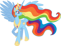 Size: 1024x782 | Tagged: safe, artist:blah23z, character:princess celestia, character:rainbow dash, species:alicorn, species:pony, female, mare, palette swap, race swap, rainbowcorn, raised hoof, recolor, simple background, smiling, solo, transparent background, vector