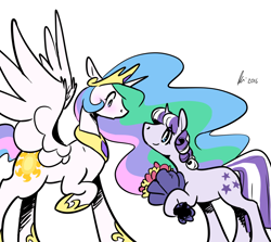Size: 1280x1143 | Tagged: safe, artist:rwl, character:princess celestia, character:twilight velvet, species:alicorn, species:pony, species:unicorn, fanfic:just like old times, blushing, bouquet, crack shipping, fanfic, fanfic art, female, floppy ears, lesbian, looking at each other, looking down, looking up, mare, open mouth, raised hoof, ship:velestia, shipping, simple background, smiling, spread wings, white background, wings