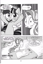Size: 4064x6041 | Tagged: safe, artist:k-nattoh, character:starlight glimmer, character:twilight sparkle, character:twilight sparkle (alicorn), species:alicorn, species:pony, absurd resolution, blushing, book, bust, comic, dialogue, exclamation point, grayscale, ink, levitation, looking at you, looking down, magic, manga, monochrome, open mouth, pen pal, portrait, quill, telekinesis, translation, underhoof, wide eyes