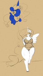 Size: 720x1280 | Tagged: safe, artist:thelunarmoon, character:princess celestia, character:princess luna, species:anthro, species:unguligrade anthro, balloon, breasts, busty princess celestia, cross-popping veins, curvy, female, spread wings, walking, wings