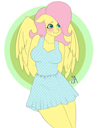 Size: 1200x1500 | Tagged: safe, artist:souladdicted, character:fluttershy, species:anthro, blushing, breasts, busty fluttershy, clothing, cute, dress, female, shyabetes, solo, summer dress