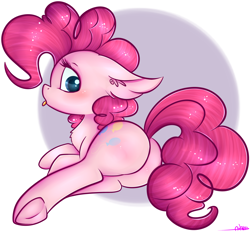 Size: 3484x3236 | Tagged: safe, artist:ashee, character:pinkie pie, species:earth pony, species:pony, abstract background, balloonbutt, blushing, chest fluff, circle background, cute, diapinkes, ear fluff, female, frog (hoof), mare, plot, profile, prone, rear view, shiny, solo, tongue out, underhoof