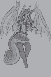 Size: 1200x1800 | Tagged: safe, artist:raptor007, character:princess cadance, species:anthro, species:bat pony, species:plantigrade anthro, breasts, busty princess cadance, clothing, female, grayscale, midriff, miniskirt, monochrome, pleated skirt, royalty, school uniform, simple background, skirt, socks, solo, spread wings, stockings, thigh highs, wings, zettai ryouiki