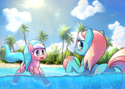 Size: 1684x1191 | Tagged: safe, artist:hoodie, character:aloe, character:lotus blossom, species:earth pony, species:pony, ball, beach, cloud, cute, duo, duo female, female, mare, open mouth, plot, sky, smiling, spa twins, spaww twins, sun, tree, water