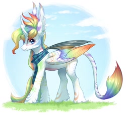 Size: 1181x1080 | Tagged: safe, artist:aphphphphp, oc, oc only, species:alicorn, species:classical unicorn, species:pony, alicorn oc, clothing, colored wings, leonine tail, multicolored wings, rainbow wings, scarf, simple background, solo
