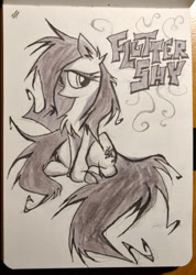 Size: 1280x1799 | Tagged: safe, artist:kejifox, character:fluttershy, chest fluff, female, looking away, monochrome, name, no mouth, sitting, solo, traditional art
