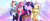 Size: 2560x1080 | Tagged: safe, artist:dshou, edit, character:applejack, character:fluttershy, character:pinkie pie, character:rainbow dash, character:rarity, character:twilight sparkle, cloak, clothing, cloud, crown, ear piercing, jewelry, looking up, lying down, mane six, missing accessory, open mouth, piercing, raised hoof, regalia, simple background, smirk, ultra widescreen, wallpaper, wallpaper edit, widescreen