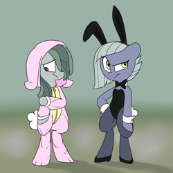 Size: 1280x1280 | Tagged: safe, artist:victoreach, character:limestone pie, character:marble pie, species:earth pony, species:pony, species:rabbit, animal costume, blushing, bow, bow tie, bunny costume, bunny ears, bunny suit, clothing, costume, cute, female, leotard, limabetes, marblebetes, mare, playboy, playboy bunny, sisters
