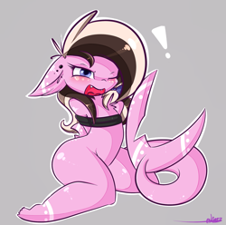 Size: 2055x2041 | Tagged: safe, artist:ashee, oc, oc only, oc:ashee, species:anthro, anthro oc, blushing, bondage, chest fluff, exclamation point, fangs, female, original species, semi-anthro, shark, shark pony, shy, solo, tied up