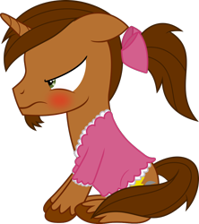 Size: 1000x1124 | Tagged: safe, artist:waveywaves, oc, oc only, oc:coppercore, species:pony, angry, blushing, bow, clothing, crossdressing, dress, frilly dress, hair bow, male, simple background, solo, stallion, transparent background, unshorn fetlocks