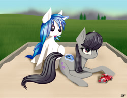 Size: 6600x5100 | Tagged: safe, artist:styroponyworks, character:dj pon-3, character:octavia melody, character:vinyl scratch, absurd resolution, cute, duo, embarrassed, magic, octavia is not amused, sandbox, tongue out, toy car, unamused, vinylbetes