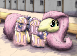 Size: 5521x4034 | Tagged: safe, artist:firefanatic, character:fluttershy, :t, about to cry, absurd resolution, armor, blushing, crying, cute, disturbing, embarrassed, female, fluffy, impossibly large ears, locker room, messy mane, nightmare fuel, scrunchy face, solo