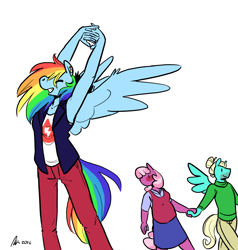 Size: 1280x1347 | Tagged: safe, artist:rwl, character:cheerilee, character:rainbow dash, character:zephyr breeze, species:anthro, ship:cheeridash, armpits, bisexual, blushing, cheeribreeze, eyes closed, eyes on the prize, female, grin, lesbian, male, shipping, simple background, smiling, spread wings, straight, stretching, white background, wings