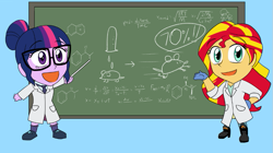 Size: 799x448 | Tagged: safe, artist:advanceddefense, edit, character:sunset shimmer, character:twilight sparkle, character:twilight sparkle (scitwi), species:eqg human, my little pony:equestria girls, chalkboard, chibi, clothing, cropped, lab coat