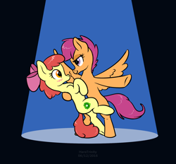 Size: 1670x1552 | Tagged: safe, artist:haretrinity, character:apple bloom, character:scootaloo, species:pegasus, species:pony, ship:scootabloom, alternate cutie mark, bipedal, cutie mark, dancing, female, filly, lesbian, shipping, the cmc's cutie marks