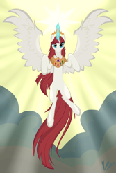 Size: 2000x3000 | Tagged: safe, artist:virenth, oc, oc only, oc:fausticorn, species:alicorn, species:pony, alicorn oc, cloud, crepuscular rays, flying, magic, solo