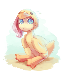 Size: 1600x1873 | Tagged: safe, artist:aphphphphp, character:fluttershy, species:duck, clothing, costume, female, flippers, flutterduck, looking at you, pegaduck, sitting, solo