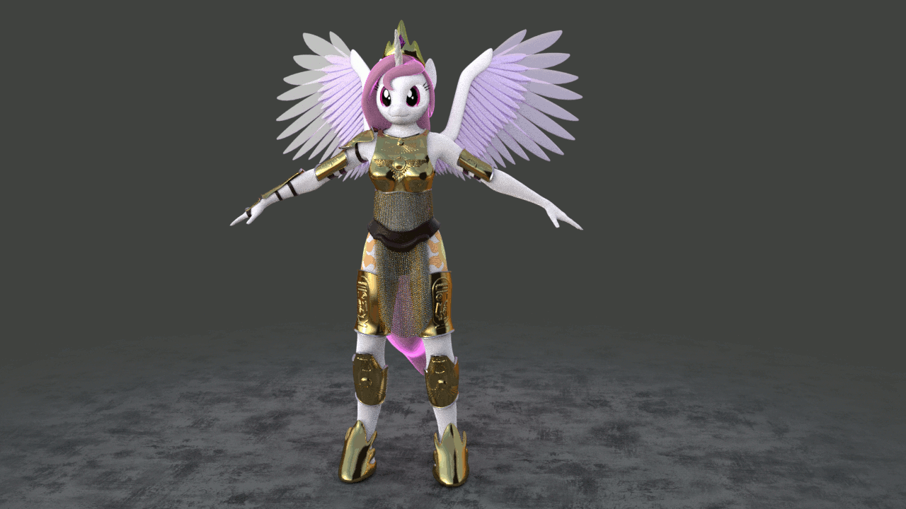 Size: 1280x720 | Tagged: safe, artist:creatorofpony, artist:juicedane, artist:stellarator, character:princess celestia, species:anthro, species:unguligrade anthro, 3d, animated, armor, blender, cycles, female, gif, pink hair, pink mane, pink-mane celestia, solo, turntable, wings, younger