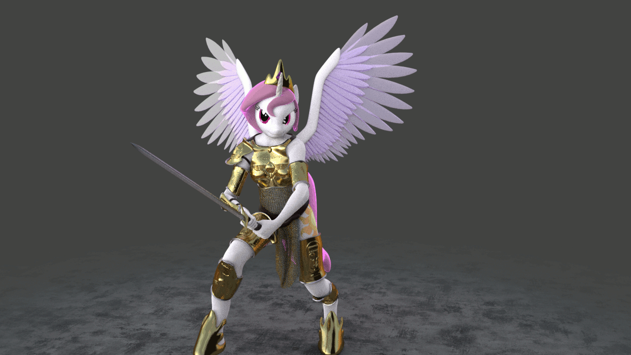 Size: 1280x720 | Tagged: safe, artist:creatorofpony, artist:juicedane, artist:stellarator, character:princess celestia, species:anthro, species:unguligrade anthro, 3d, animated, armor, blender, cycles, female, gif, pink hair, pink mane, pink-mane celestia, solo, sword, turntable, weapon, wings, younger