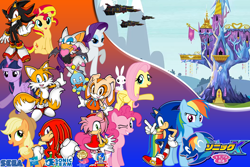 Size: 1800x1200 | Tagged: safe, artist:trungtranhaitrung, character:angel bunny, character:applejack, character:fluttershy, character:pinkie pie, character:rainbow dash, character:rarity, character:sonic the hedgehog, character:sunset shimmer, character:twilight sparkle, character:twilight sparkle (alicorn), species:alicorn, species:pony, amy rose, anniversary, chao, cream the rabbit, crossover, egg carrier, hasbro, japanese, knuckles the echidna, logo, mane six, miles "tails" prower, rouge the bat, sega, shadow the hedgehog, sonic team, sonic the hedgehog (series), twilight's castle