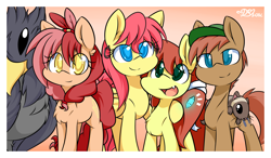 Size: 2020x1180 | Tagged: safe, artist:dshou, oc, oc only, oc:cutlass, oc:feather tip, oc:maia star, oc:shooting star, species:griffon, chest fluff, clothing, ferret, griffon oc, group, hat, looking at you, smiling