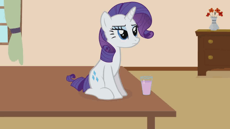 Size: 800x450 | Tagged: safe, artist:forgalorga, character:rarity, animated, bad pony, behaving like a cat, everything is ruined, female, gif, pure unfiltered evil, raricat, solo, spilled milk, strawberry milk, table, your little pets, youtube link