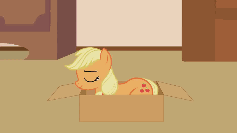 Size: 800x450 | Tagged: safe, artist:forgalorga, character:applejack, character:fluttershy, species:pony, animated, annoyed, behaving like a cat, box, cute, eyes closed, female, flying, frown, gif, hatless, hnnng, if i fits i sits, jackabetes, lidded eyes, missing accessory, on top, pony in a box, pony pile, prone, shyabetes, smiling, your little pets, youtube link