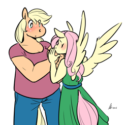 Size: 1280x1262 | Tagged: safe, artist:rwl, character:applejack, character:fluttershy, species:anthro, ship:appleshy, blushing, female, height difference, injured, kiss on the hand, kissing, lesbian, shipping, size difference, spread wings, strong fat, wings
