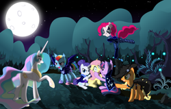 Size: 6000x3810 | Tagged: safe, artist:magister39, character:applejack, character:fluttershy, character:pinkie pie, character:princess celestia, character:rainbow dash, character:rarity, character:twilight sparkle, species:bat pony, species:pony, nightmareverse, absurd resolution, alternate timeline, alternate universe, angry, armor, blind, cape, clothing, crying, evil grin, fangs, freckles, full moon, grin, hat, mane six, night guard dash, night maid rarity, night sky, nightmare takeover timeline, open mouth, pointing, race swap, raised hoof, scenery, sitting, smiling, spread wings, stars, torn clothes, tree, twibat, wings