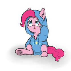 Size: 1000x1000 | Tagged: dead source, safe, artist:yakoshi, character:pinkie pie, species:earth pony, species:pony, cheek fluff, clothing, cute, diapinkes, ear fluff, female, frog (hoof), hoodie, leg fluff, mare, simple background, sitting, solo, underhoof, white background