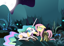 Size: 6000x4377 | Tagged: safe, artist:magister39, character:fluttershy, character:princess celestia, nightmareverse, absurd resolution, alternate universe, blind, crying, forest, forgiveness, night