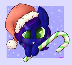 Size: 942x848 | Tagged: safe, artist:ashee, oc, oc only, oc:bramble snap, candy, candy cane, christmas, clothing, cute, food, hat, ocbetes, santa hat, solo