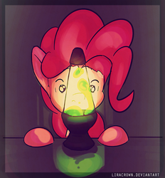 Size: 771x830 | Tagged: safe, artist:liracrown, character:pinkie pie, female, hooves on the table, lava lamp, solo, stare