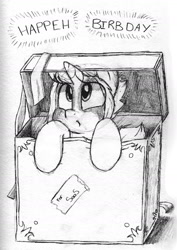 Size: 1280x1805 | Tagged: safe, artist:victoreach, oc, oc only, species:pony, black and white, box, cute, gift art, grayscale, happy birthday, monochrome, pony in a box, simple background, solo, traditional art, white background