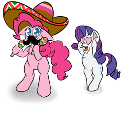 Size: 1800x1700 | Tagged: safe, artist:yakoshi, character:pinkie pie, character:rarity, ship:raripie, female, heart eyes, lesbian, maracas, musical instrument, shipping, simple background, sombrero, white background, wingding eyes