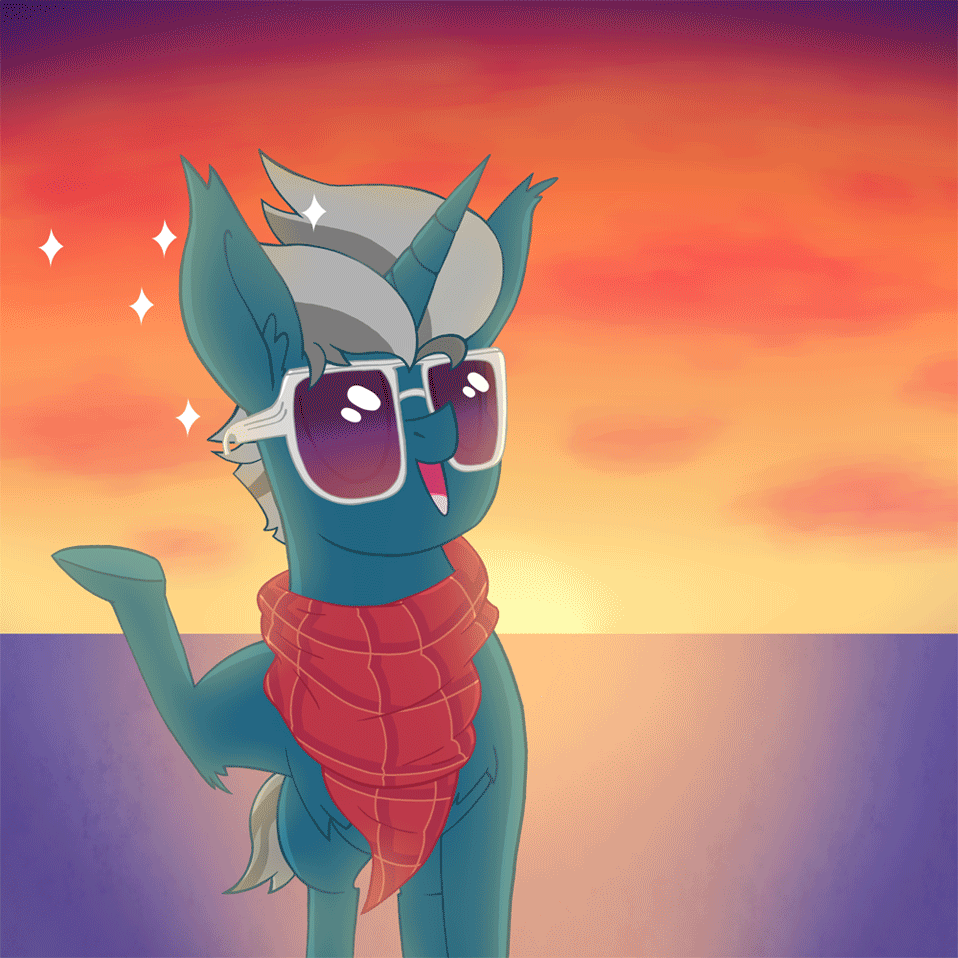 Size: 958x958 | Tagged: safe, artist:dragonpone, derpibooru original, character:fashion plate, species:pony, species:unicorn, g4, animated, chest fluff, cloud, cloudy, ear fluff, eyes closed, fabulous, gif, male, ocean, open mouth, raised hoof, sky, smiling, solo, sparkles, sun, sunglasses, sunset, underhoof, windswept mane