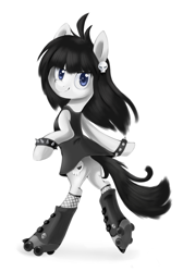 Size: 712x1060 | Tagged: safe, artist:lightning-stars, species:pony, bipedal, bracelet, clothing, crossover, galaxy girls, milky way and the galaxy girls, pluto, ponified, roller skates, simple background, skates, skating, skull, solo