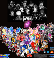 Size: 1800x1946 | Tagged: safe, artist:trungtranhaitrung, character:applejack, character:rainbow dash, character:sonic the hedgehog, character:sunset shimmer, character:twilight sparkle, character:twilight sparkle (alicorn), oc, oc:o.w.n medic, species:alicorn, species:pony, crossover, d.va, o.w.n, overwatch, scout, sonic chronicles x, sonic the hedgehog (series), spy