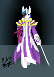 Size: 1396x1989 | Tagged: safe, artist:nonuberis, artist:rubbermage, character:shining armor, species:anthro, species:unguligrade anthro, armor, eye, eyes, legs, robe, shoulder pauldron, solo, sword, tentacles, transformation, weapon