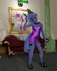 Size: 1020x1280 | Tagged: safe, artist:bamboodog, artist:creatorofpony, artist:juicedane, artist:stellarator, character:princess luna, species:anthro, species:unguligrade anthro, 3d, alcohol, blender, clothing, crown, cycles, dress, drunk, drunk luna, female, happy new year, hipposandals, jewelry, looking at you, party, peytral, regalia, s1 luna, solo, younger