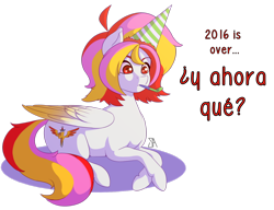 Size: 1600x1229 | Tagged: safe, artist:souladdicted, oc, oc only, oc:pepper doll, species:pegasus, species:pony, 2017, clothing, dialogue, female, happy new year, happy new year 2017, hat, mare, multicolored hair, party hat, red eyes, simple background, solo, spanish, translated in the comments, transparent background