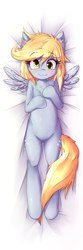 Size: 360x1080 | Tagged: safe, artist:hoodie, character:derpy hooves, species:pegasus, species:pony, body pillow, body pillow design, both cutie marks, chest fluff, cute, ear fluff, female, looking at you, mare, solo, spread wings, tail wrap, wings