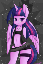 Size: 2176x3230 | Tagged: safe, artist:ashee, character:twilight sparkle, character:twilight sparkle (alicorn), species:alicorn, species:anthro, species:pony, belly button, belt, blushing, clothing, colored pupils, ear piercing, female, jewelry, looking at you, necklace, piercing, skirt, smiling, solo