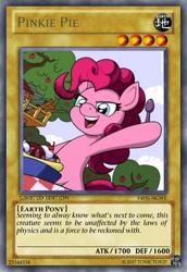 Size: 419x610 | Tagged: safe, artist:latecustomer, artist:toxictox37, character:pinkie pie, banana split, card, clubhouse, crossover, crusaders clubhouse, female, food, ice cream, solo, spoon, yu-gi-oh!