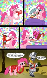 Size: 800x1336 | Tagged: safe, artist:omny87, character:pinkie pie, character:zecora, species:earth pony, species:pony, species:zebra, episode:slice of life, g4, my little pony: friendship is magic, abstract background, cake, candy, comic, duo, duo female, eating, female, ice cream, impossibly long tongue, lollipop, magazine, mare, reading