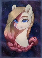Size: 1543x2160 | Tagged: safe, artist:aphphphphp, oc, oc only, species:pony, aladdin sane, bust, color porn, colored pupils, crying, david bowie, ear fluff, female, mare, portrait, smiling, solo, stars, ziggy stardust