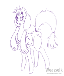 Size: 841x1000 | Tagged: safe, artist:weasselk, character:crosscut mccolt, species:earth pony, species:pony, background pony, crosscut saw, cutie mark, dock, doodle, female, freckles, mare, mccolt family, monochrome, raised tail, saw, serious, serious face, simple background, solo, tail, white background
